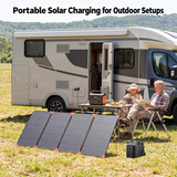 220W four-section solar panel deployed beside an RV for outdoor charging