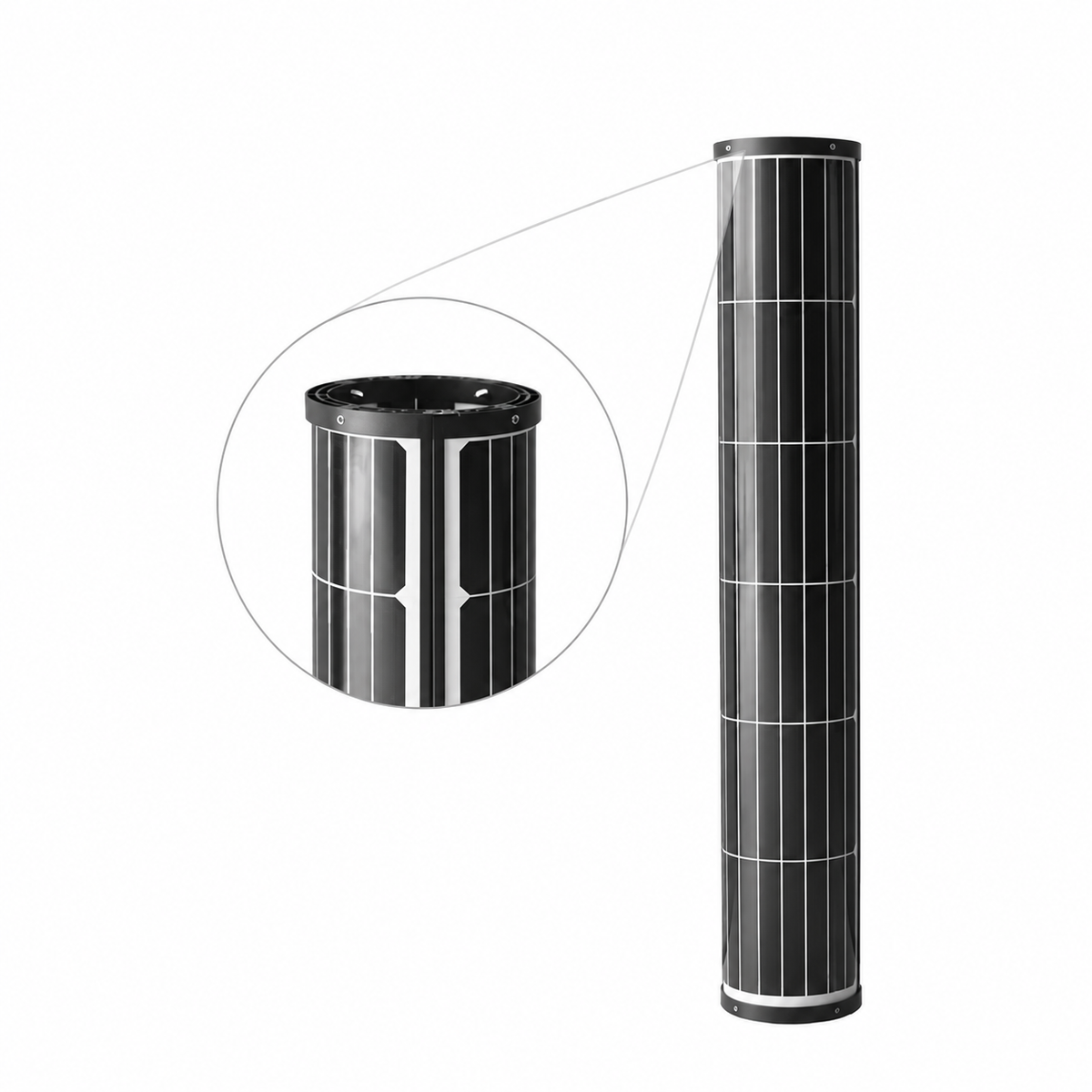 Cylindrical solar panel with a close-up of the curved cell surface and top end cap