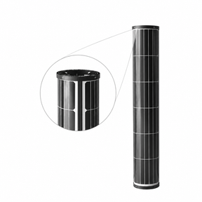 Cylindrical solar panel with a close-up of the curved cell surface and top end cap