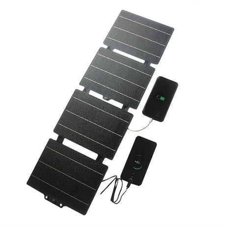25W foldable solar charger — four-section charger powering devices