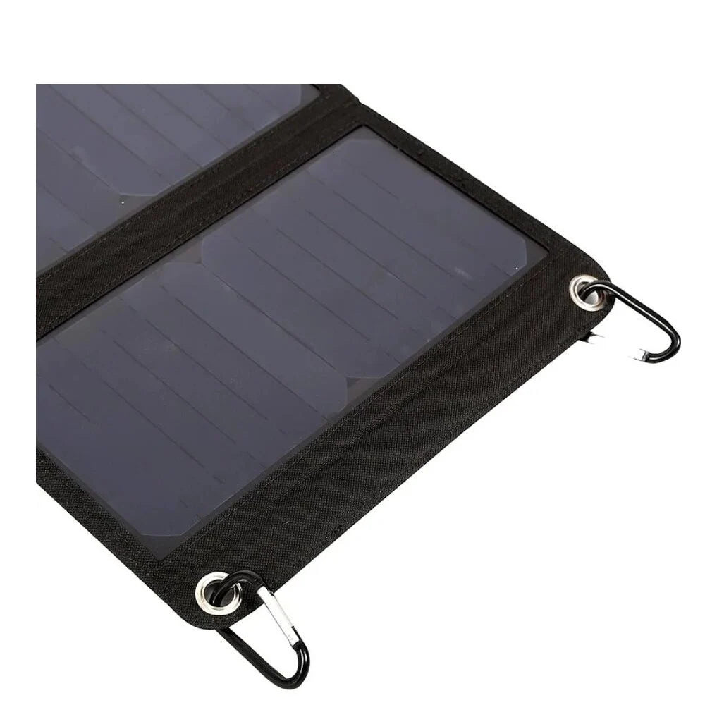 28W foldable solar charger — hanging eyelets and carabiners