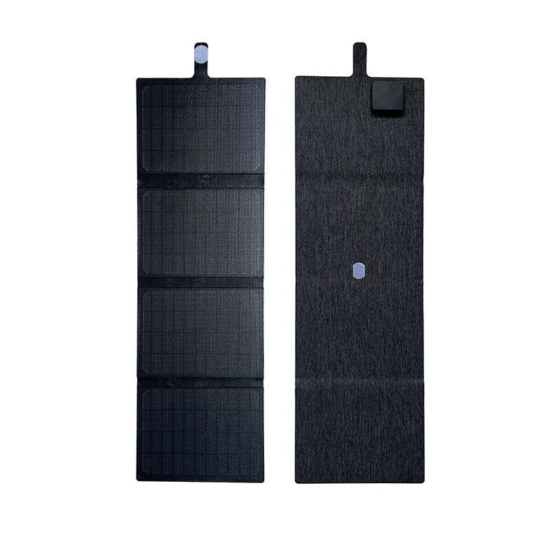 Front and fabric-backed rear sides of the four-section 28W solar panel