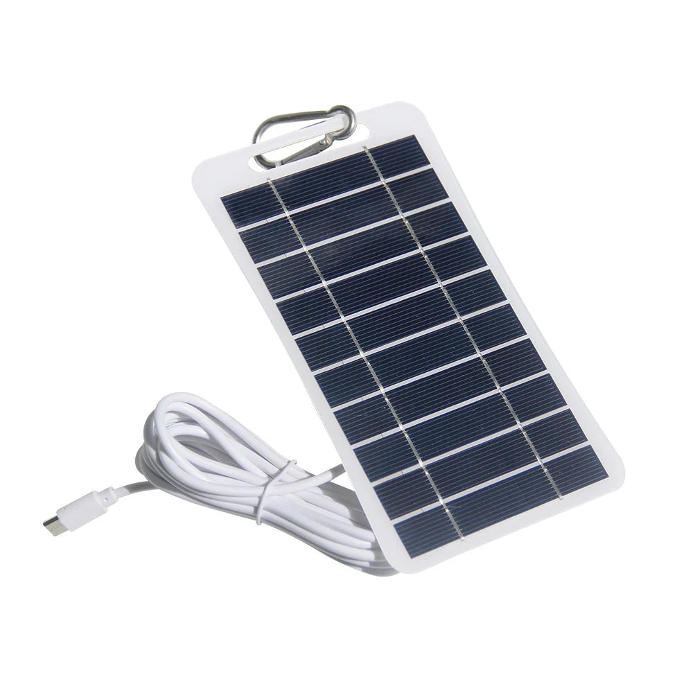 2W 2W USB-C solar panel — white panel USB-C lead and carabiner