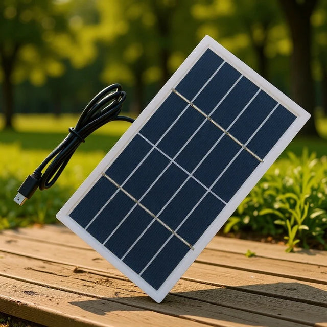 2W solar panel — solar panel with USB-C lead outdoors