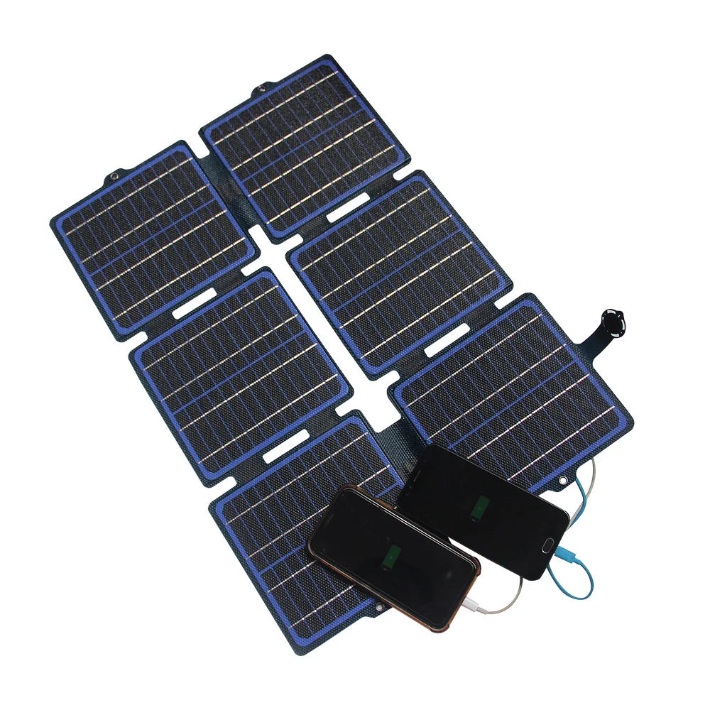 30W foldable solar charger — charger powering two devices