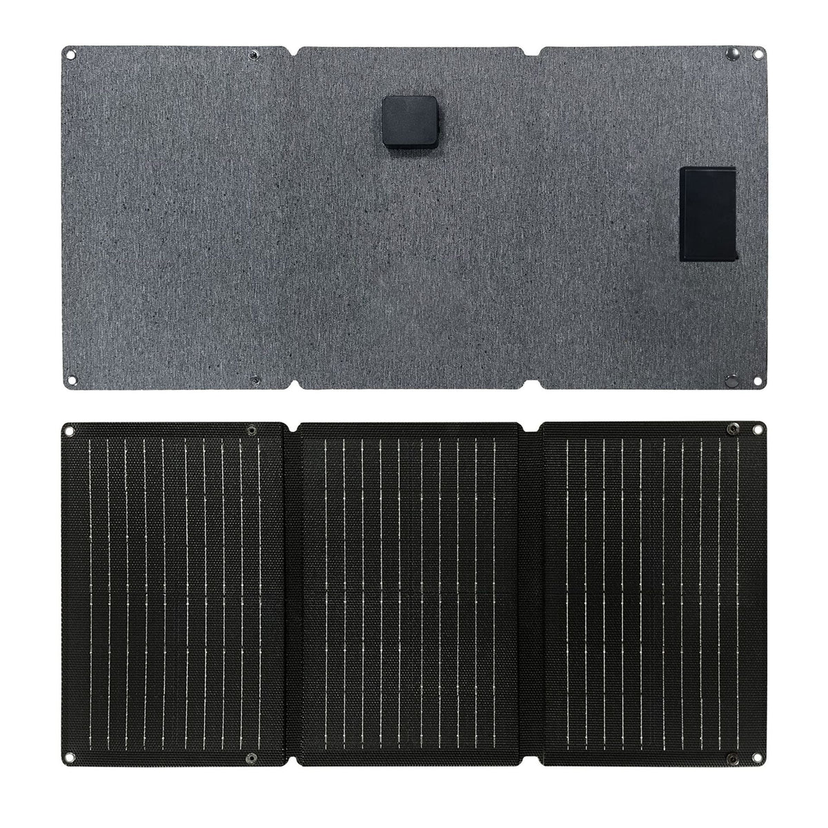 Front and fabric rear sides of the 30W three-section solar panel