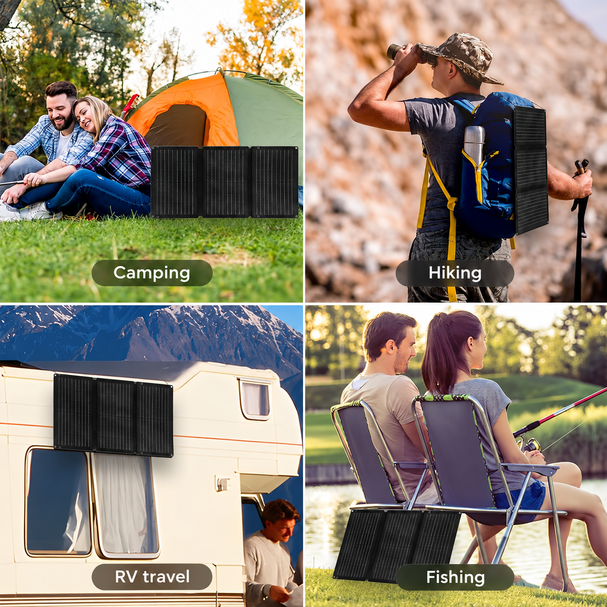 30W portable solar panel shown at camping hiking RV and fishing settings