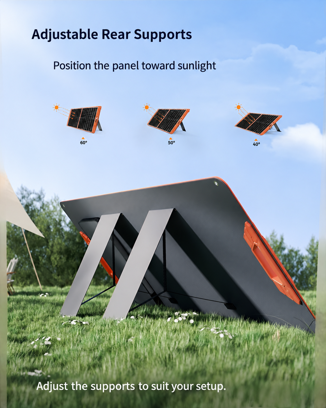 Adjustable rear supports on the 30W three-section folding solar charger