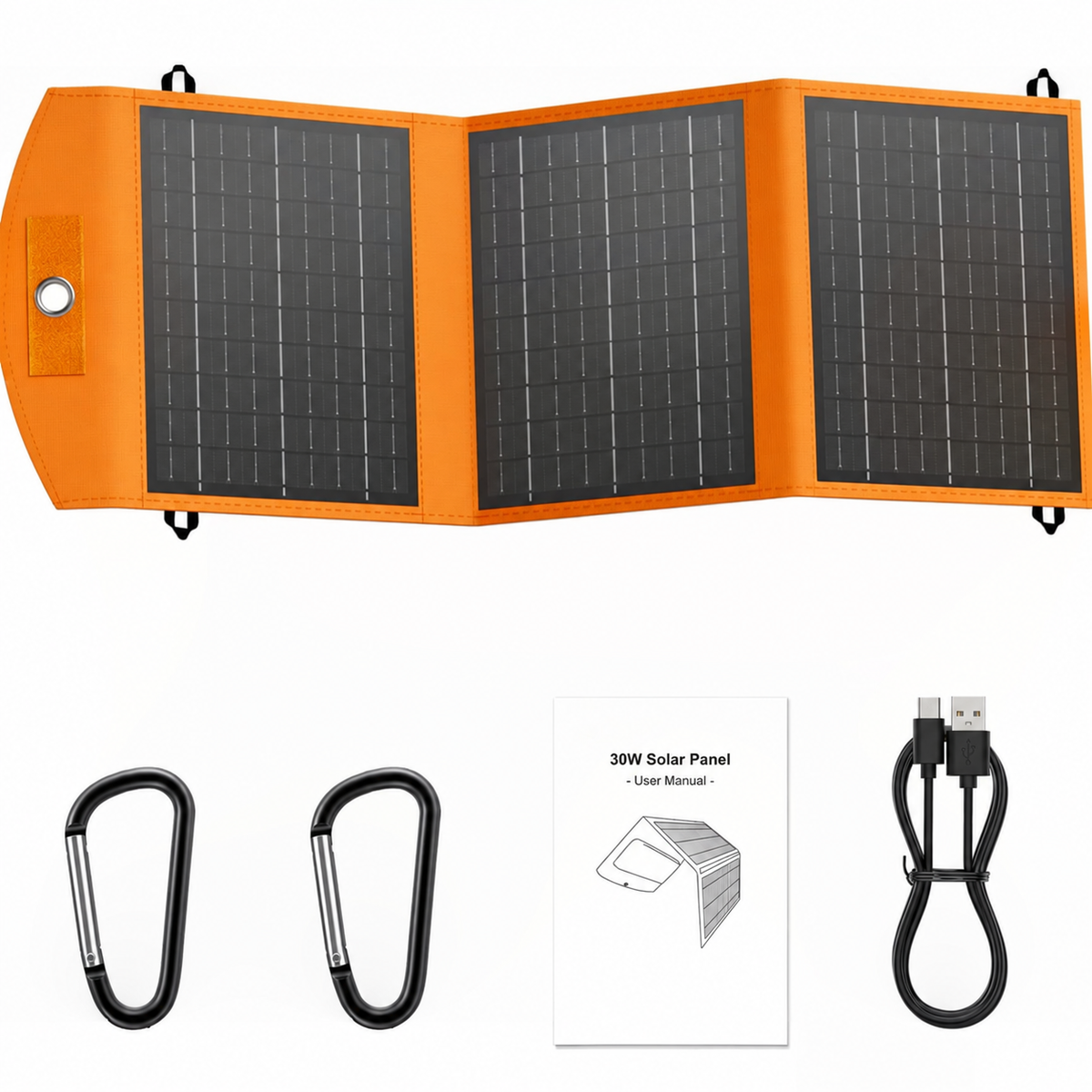 30W orange-edged three-section solar charger with manual, two carabiners and USB cable