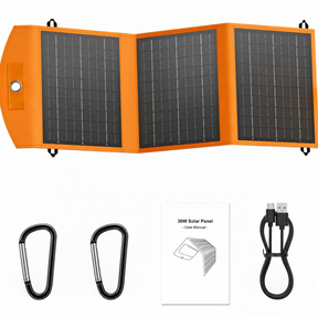 30W orange-edged three-section solar charger with manual, two carabiners and USB cable