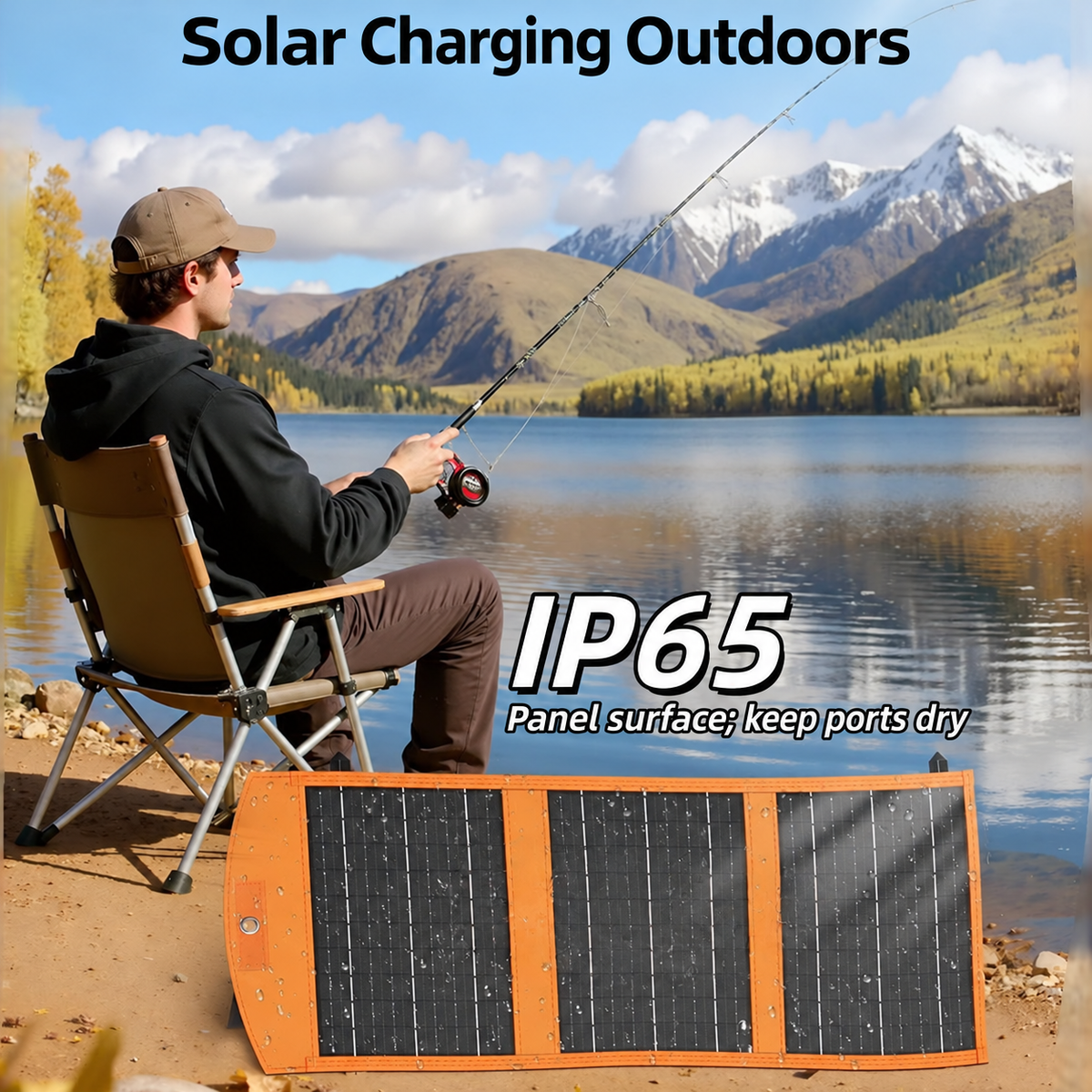 Orange-edged solar charger outdoors with IP65 panel-surface protection