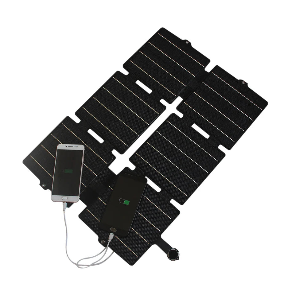 30W 30W foldable solar charger — black charger with phone demonstration