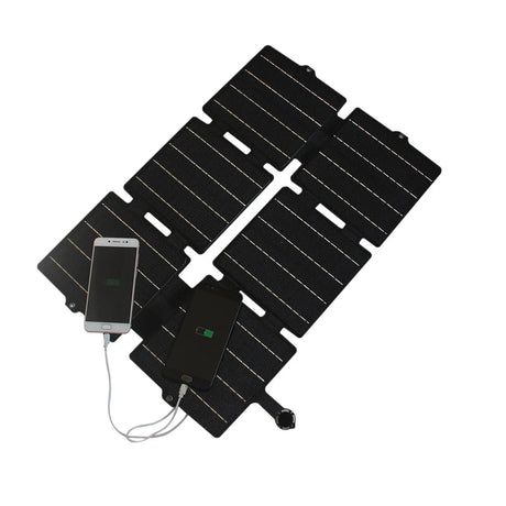 30W 30W foldable solar charger — black charger with phone demonstration