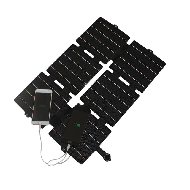 30W 30W foldable solar charger — black charger with phone demonstration