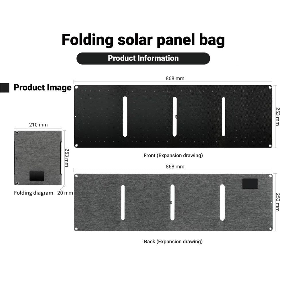 40W folding solar panel folded and unfolded dimensions with front and rear views