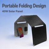 40W folding solar panel with carry slots and a phone connected beside the folded fabric back