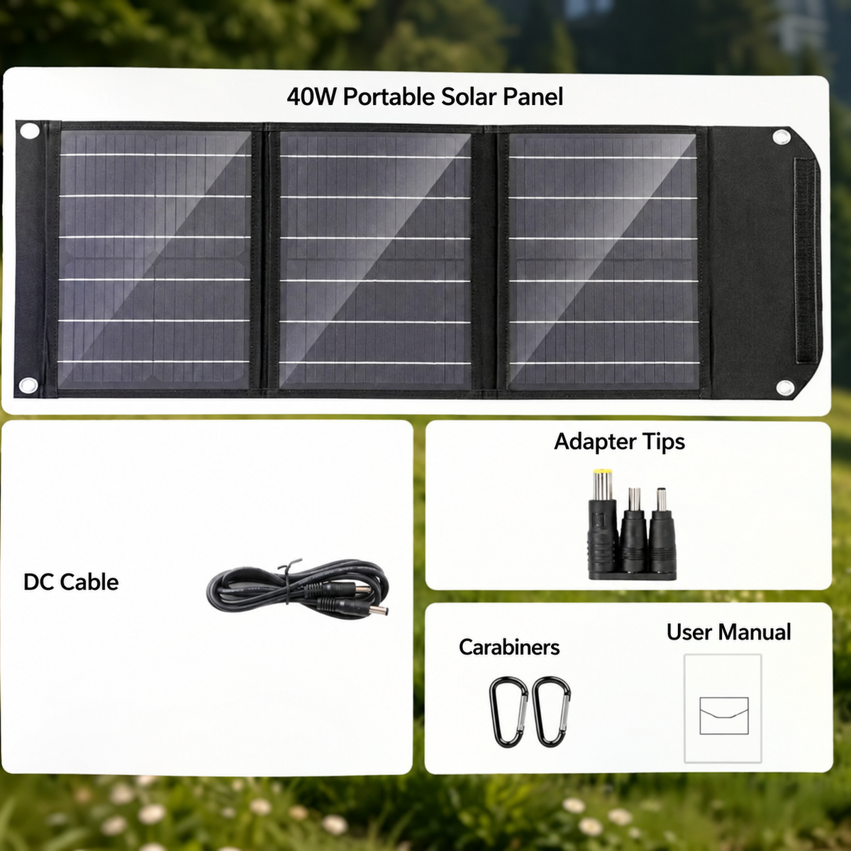 40W solar charger with DC cable, adapter tips, carabiners and user manual