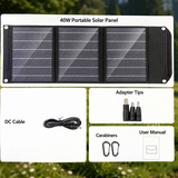40W solar charger with DC cable, adapter tips, carabiners and user manual