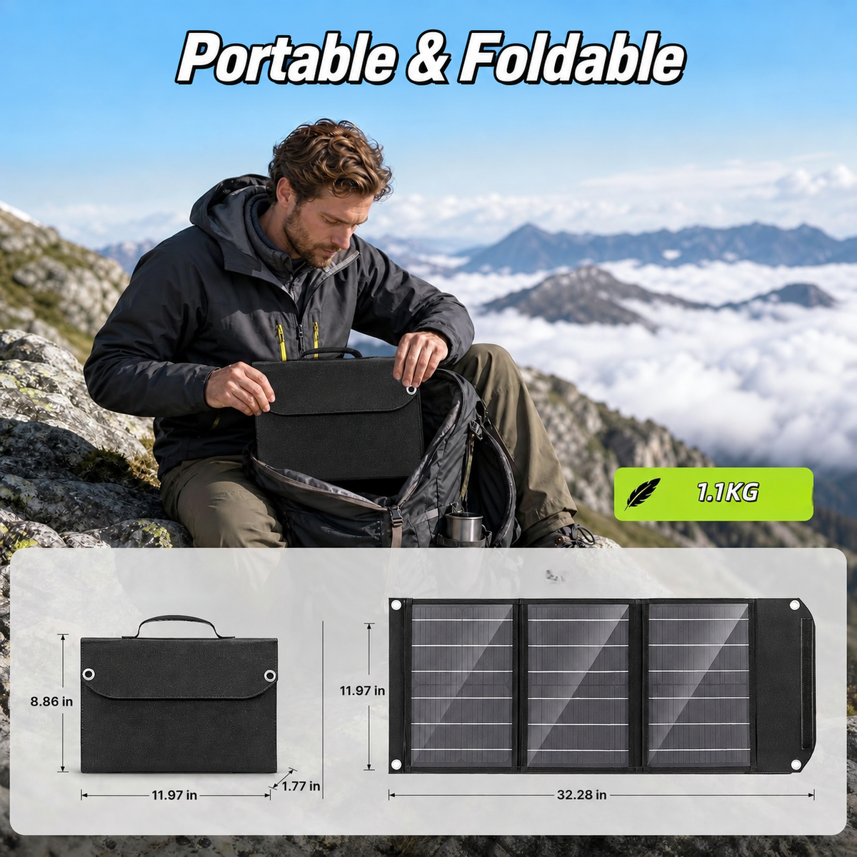 40W solar charger with folded and unfolded dimensions and 1.1 kg carry weight