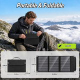 40W solar charger with folded and unfolded dimensions and 1.1 kg carry weight