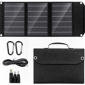 40W three-section solar charger with folded fabric bag, cable, adapter tips and hooks