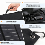 PET surface, carry handle, accessory pocket and reinforced eyelets on the folding solar charger