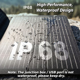 45W foldable solar charger panel in rain with warning to keep USB outlets dry