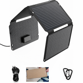45W folding solar charger with cable, attachment clips and packaging displayed