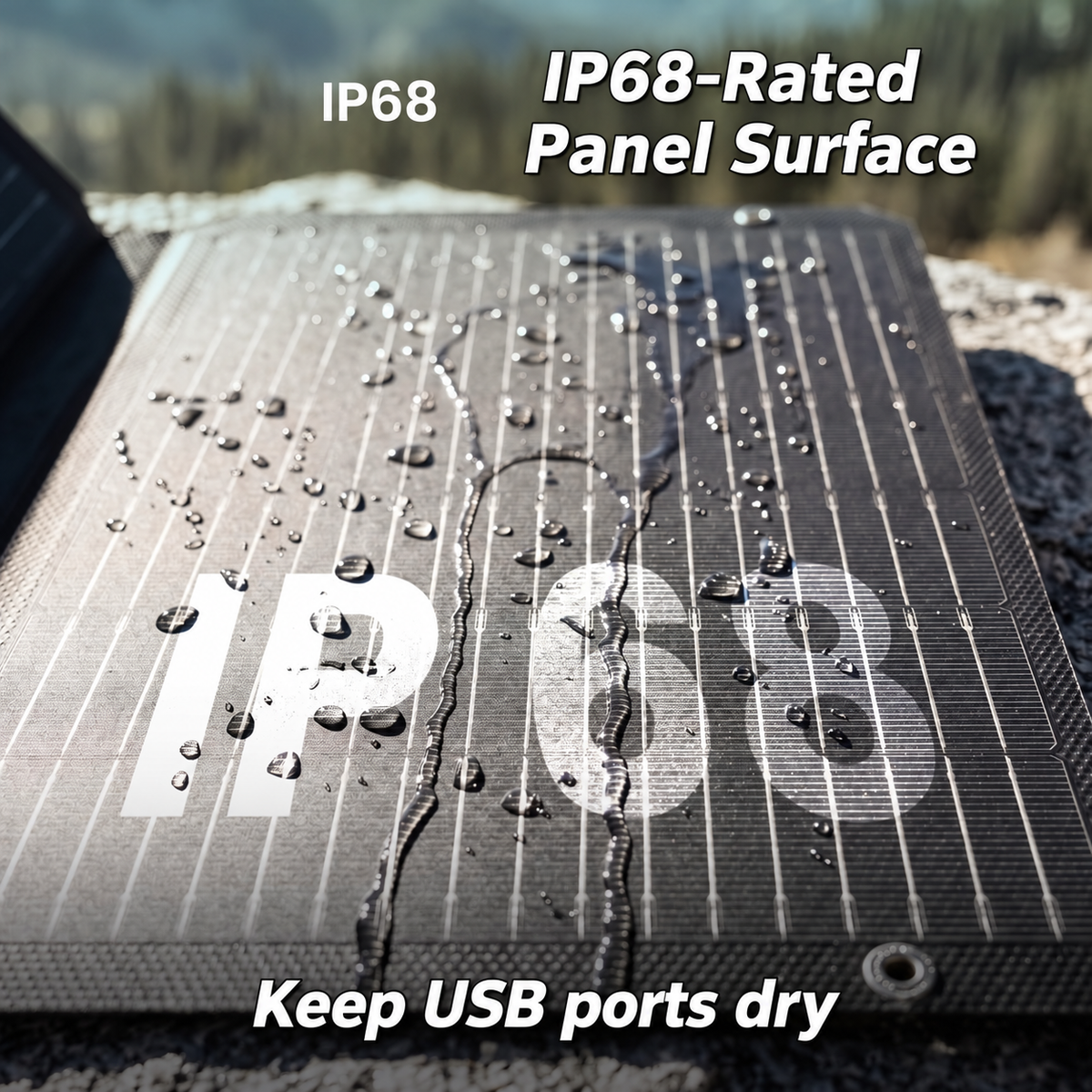 IP68-rated solar panel surface with reminder to keep USB ports dry