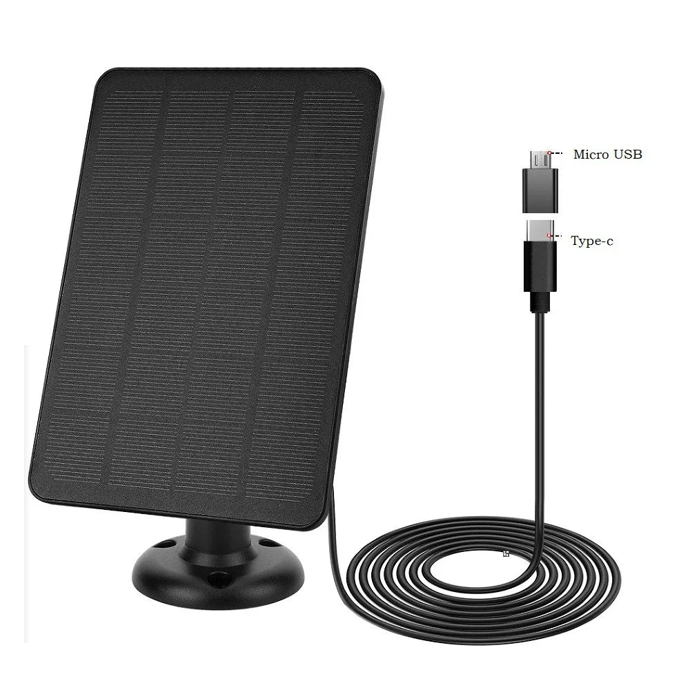 4W maximum 4W camera solar panel — black panel USB-C and Micro-USB adapter