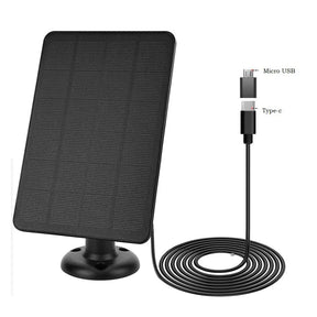 4W maximum 4W camera solar panel — black panel USB-C and Micro-USB adapter