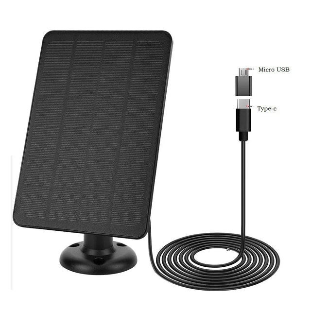 4W maximum 4W camera solar panel — black panel USB-C and Micro-USB adapter
