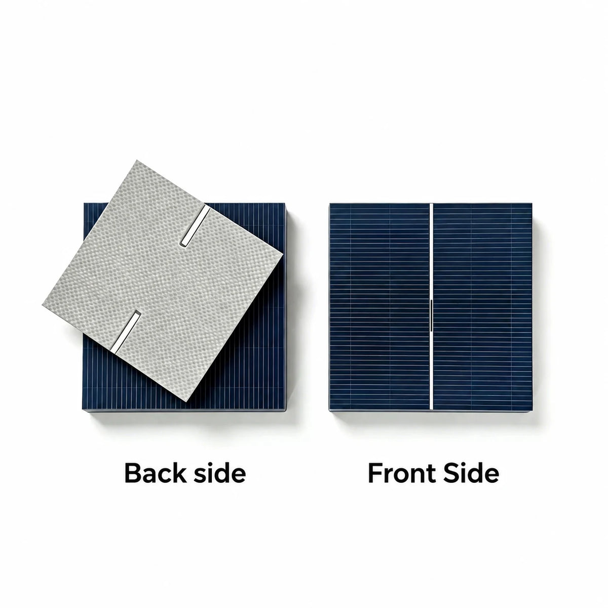 Front and rear views of a single-busbar monocrystalline PERC solar cell