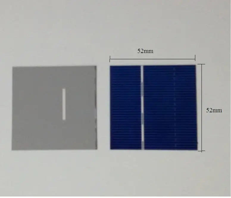 Front and back views with 52mm dimensions for a square polycrystalline solar cell
