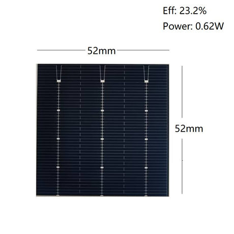 52mm x 52mm bifacial PERC solar cell with 23.2% efficiency and 0.62W power labels
