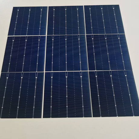 Multiple 52mm x 52mm bifacial PERC solar cells arranged front-side up