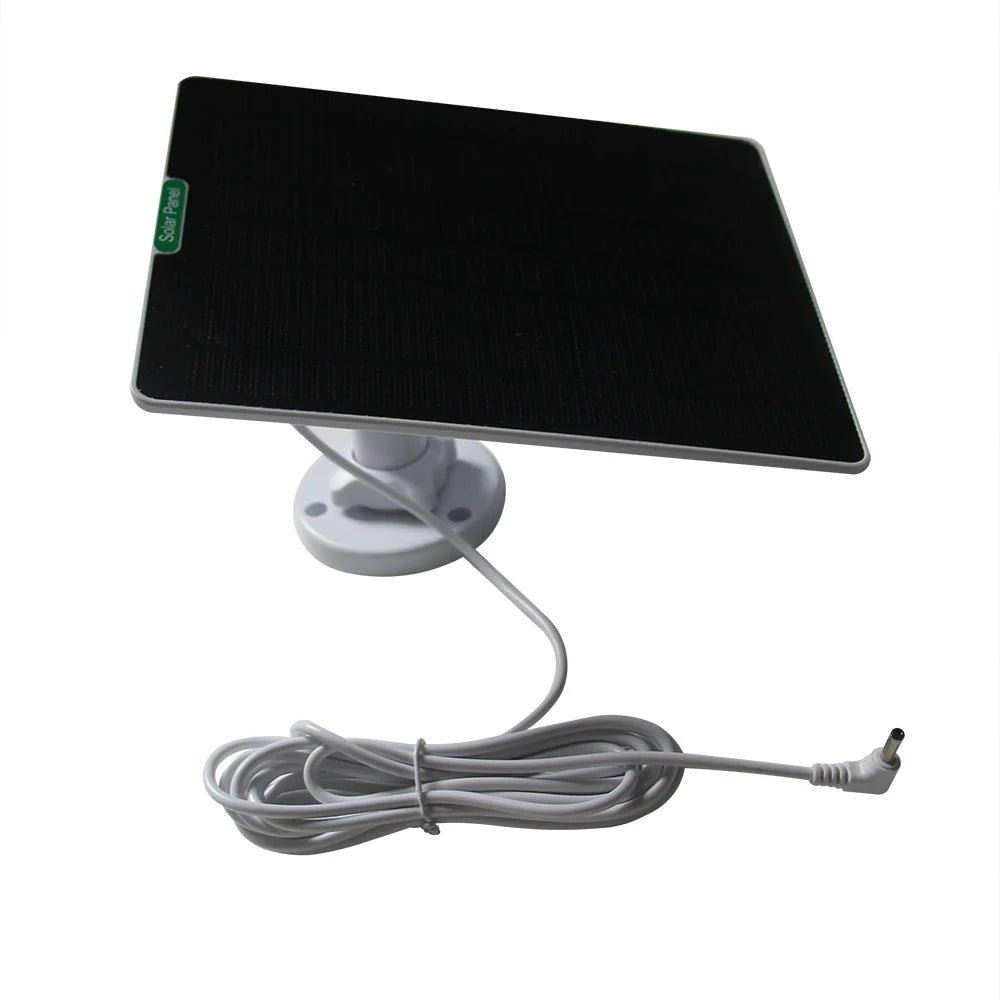 White camera solar panel with right-angle barrel plug
