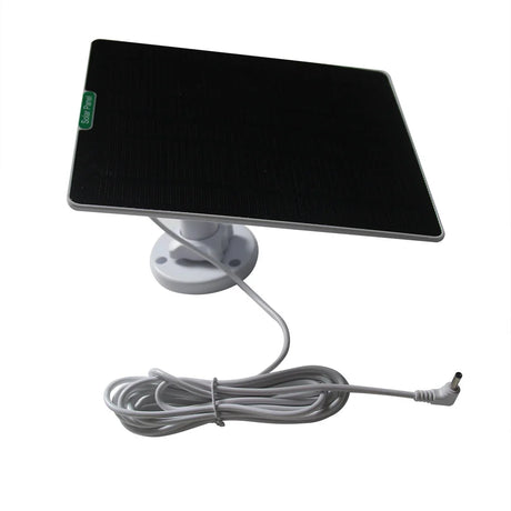 White camera solar panel with right-angle barrel plug
