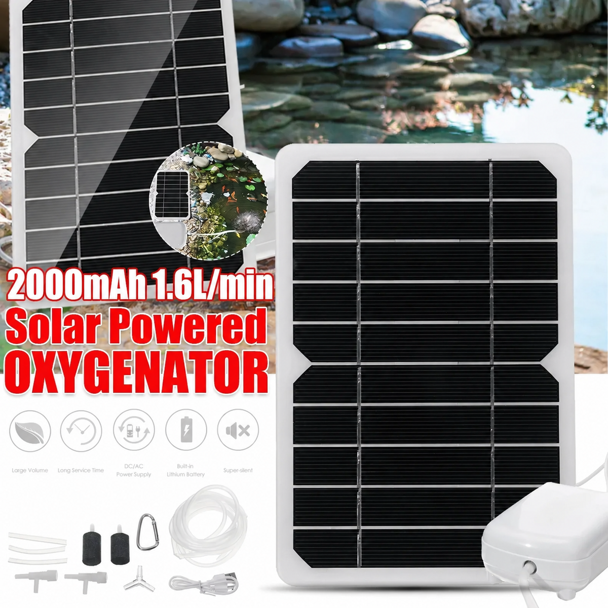 5W 5W solar air pump kit — corrected battery capacity and confirmed airflow graphic