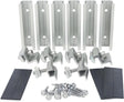 6 piece solar panel mini rail bracket kit with aluminum rails, end clamps, mid clamps, EPDM pads, and self-tapping screws.