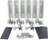 6 piece solar panel mini rail bracket kit with aluminum rails, end clamps, mid clamps, EPDM pads, and self-tapping screws.