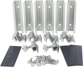 6 piece solar panel mini rail bracket kit with aluminum rails, end clamps, mid clamps, EPDM pads, and self-tapping screws.