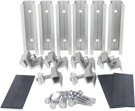 6 piece solar panel mini rail bracket kit with aluminum rails, end clamps, mid clamps, EPDM pads, and self-tapping screws.