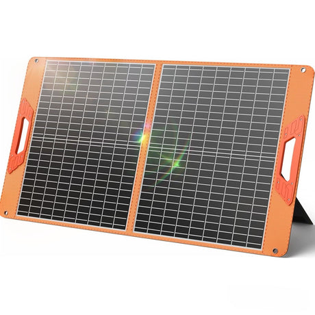60W folding solar panel with two sections, orange edges and carry handle