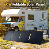 60W four-panel solar array beside an RV with English heading