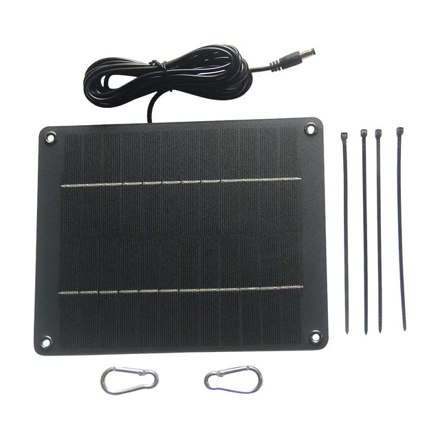 6W 12V panel with DC lead carabiners and four ties