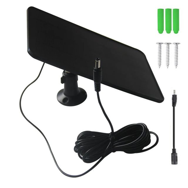 6W maximum 6W camera solar panel — black panel with DC adapter and fixings