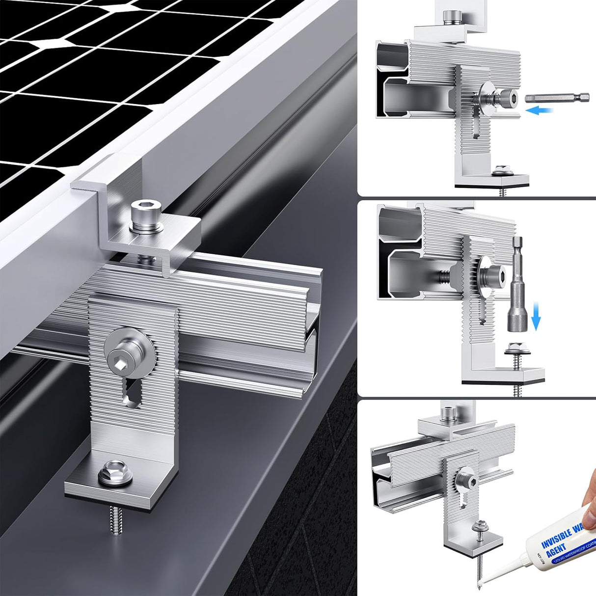 Solar panel roof mounting rails and clamps