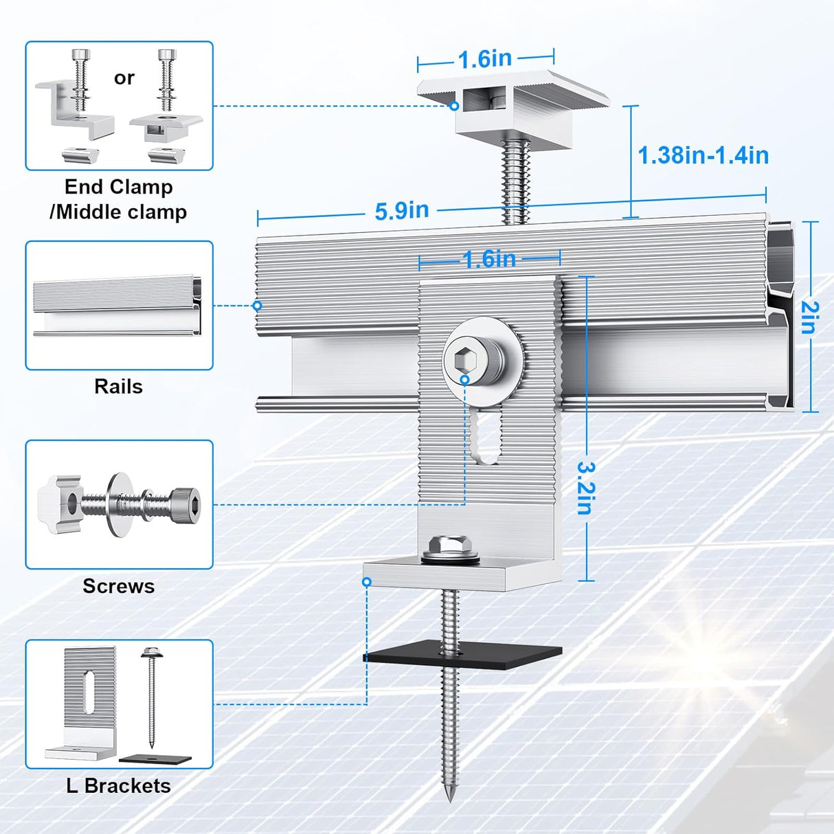 Solar panel mounting bracket kit components