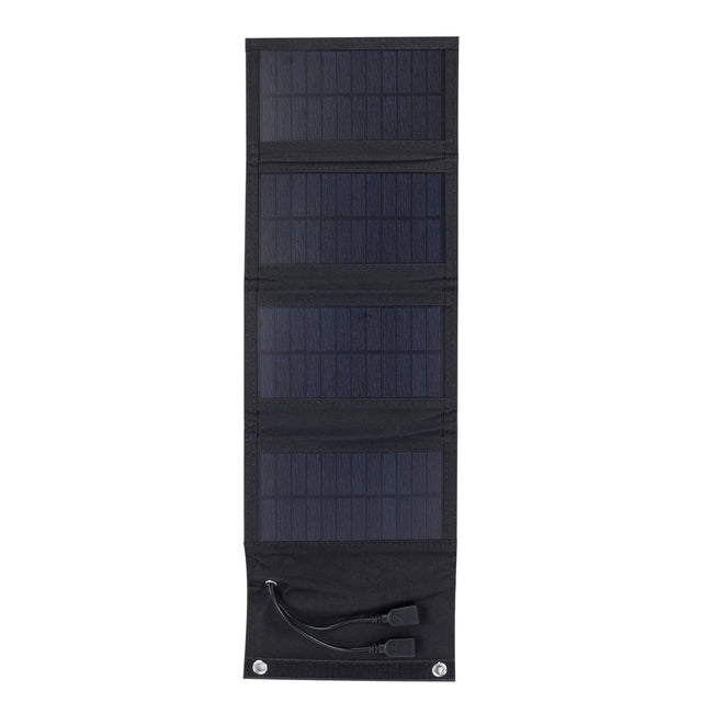 7W foldable solar charger — four-fold panel and dual USB outputs